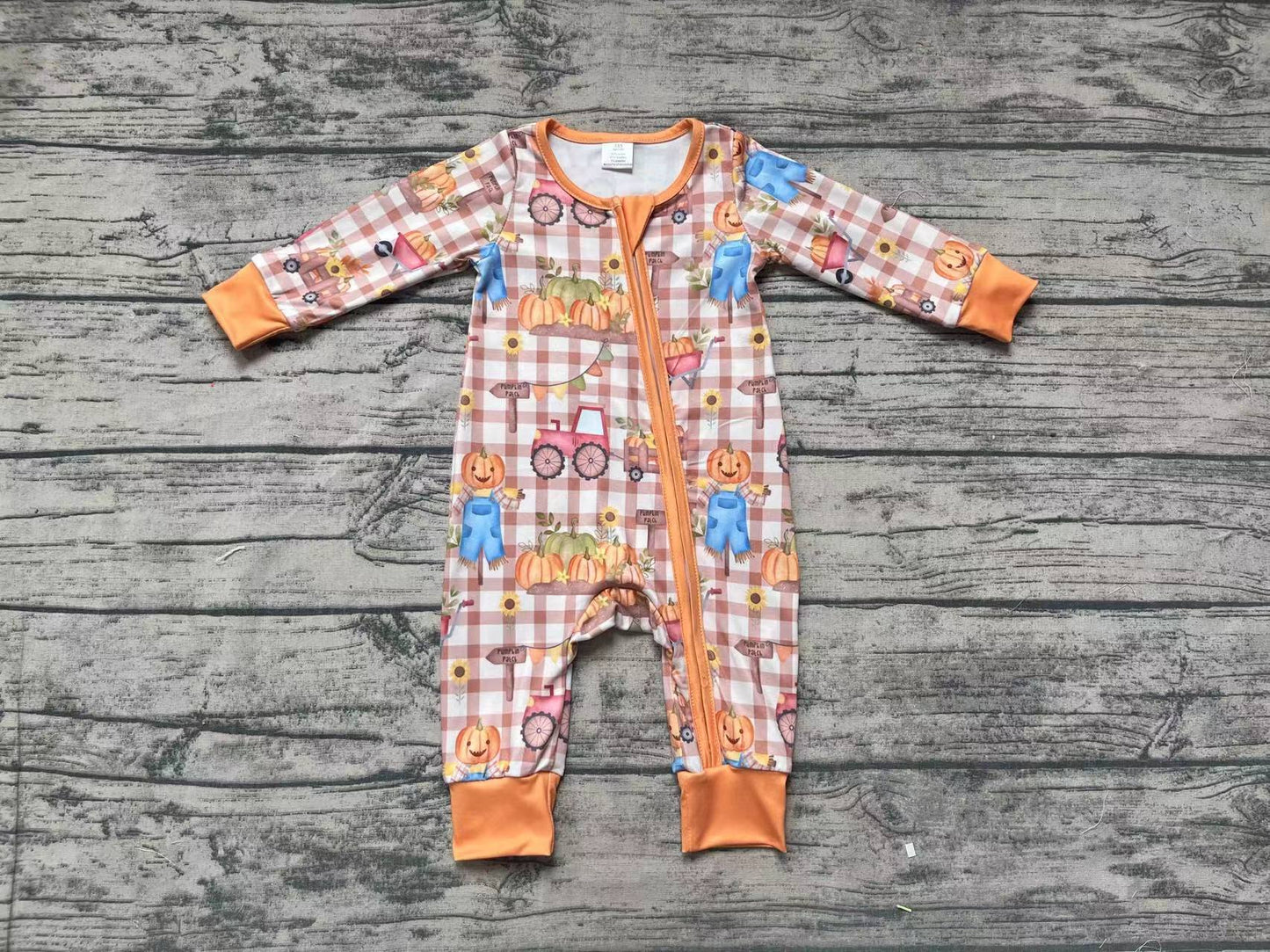 Baby Infant Fall Pumpkin Trucks Zip Bamboo Rompers