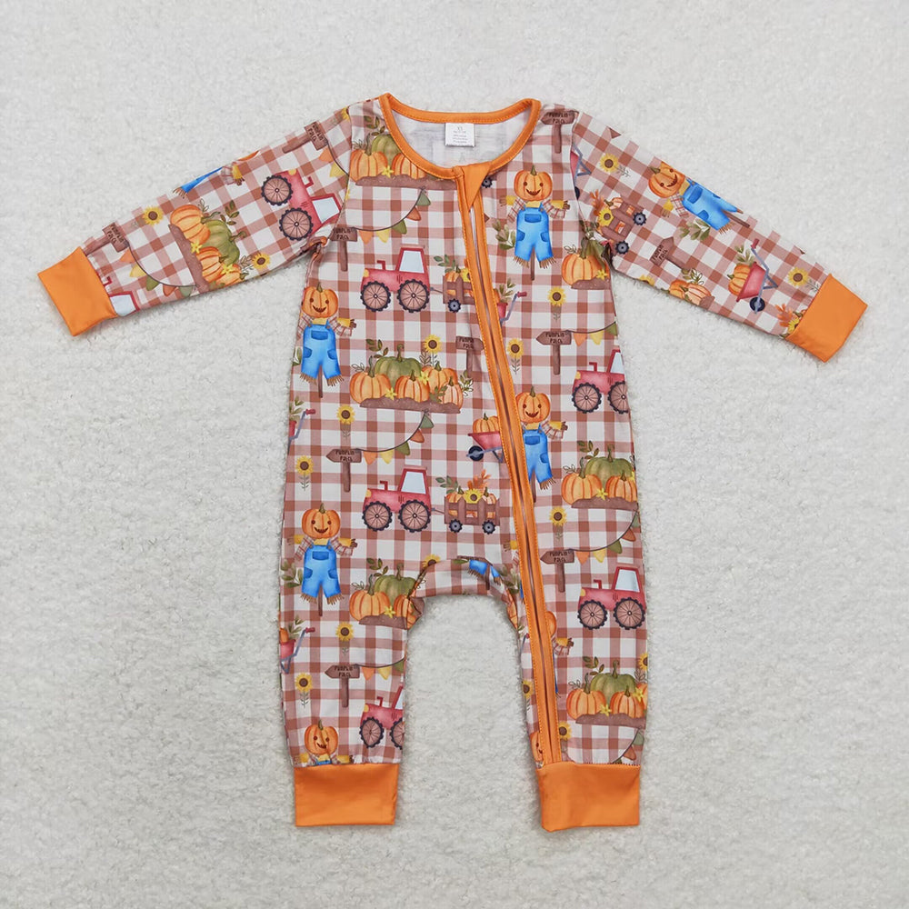 Baby Infant Fall Pumpkin Trucks Zip Bamboo Rompers