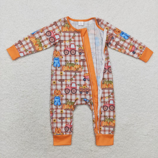 Baby Infant Fall Pumpkin Trucks Zip Bamboo Rompers