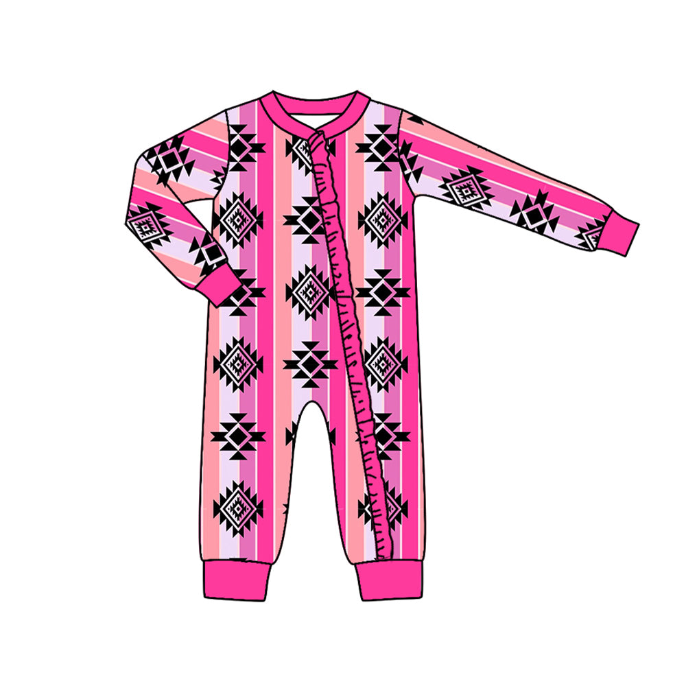 Baby Infant Girls Western Pink Aztec Zip Ruffle Rompers preorder