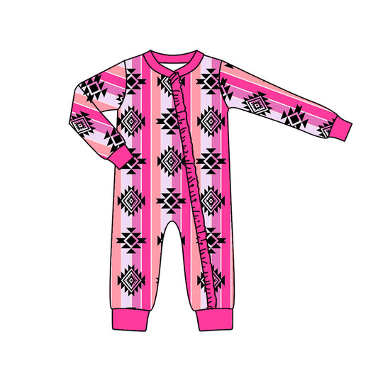 Baby Infant Girls Western Pink Aztec Zip Ruffle Rompers preorder