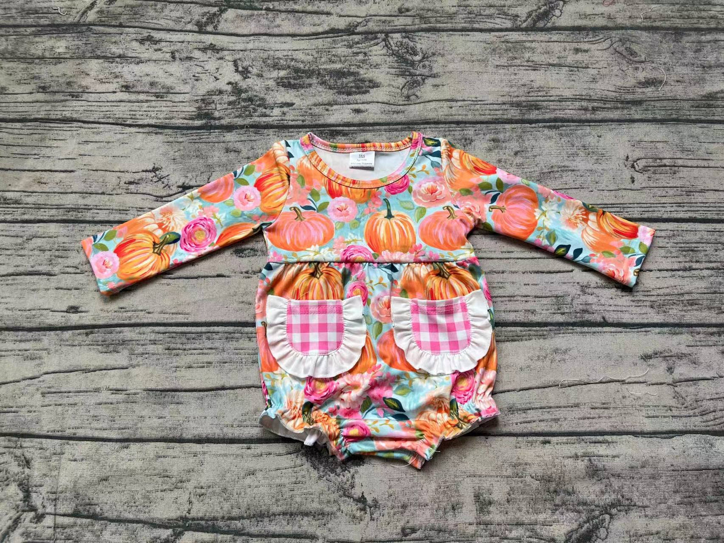 Baby Infant Girls Pumpkin Flowers Checkered Rompers