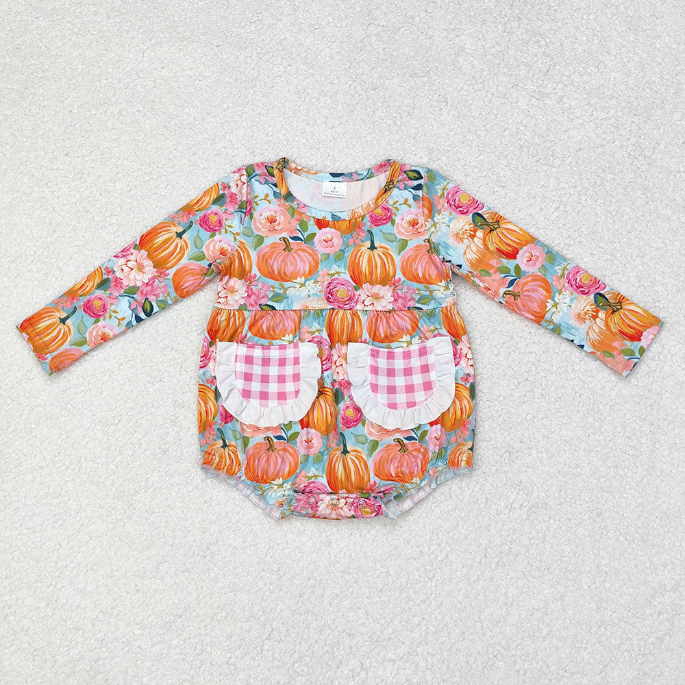 Baby Infant Girls Pumpkin Flowers Checkered Rompers