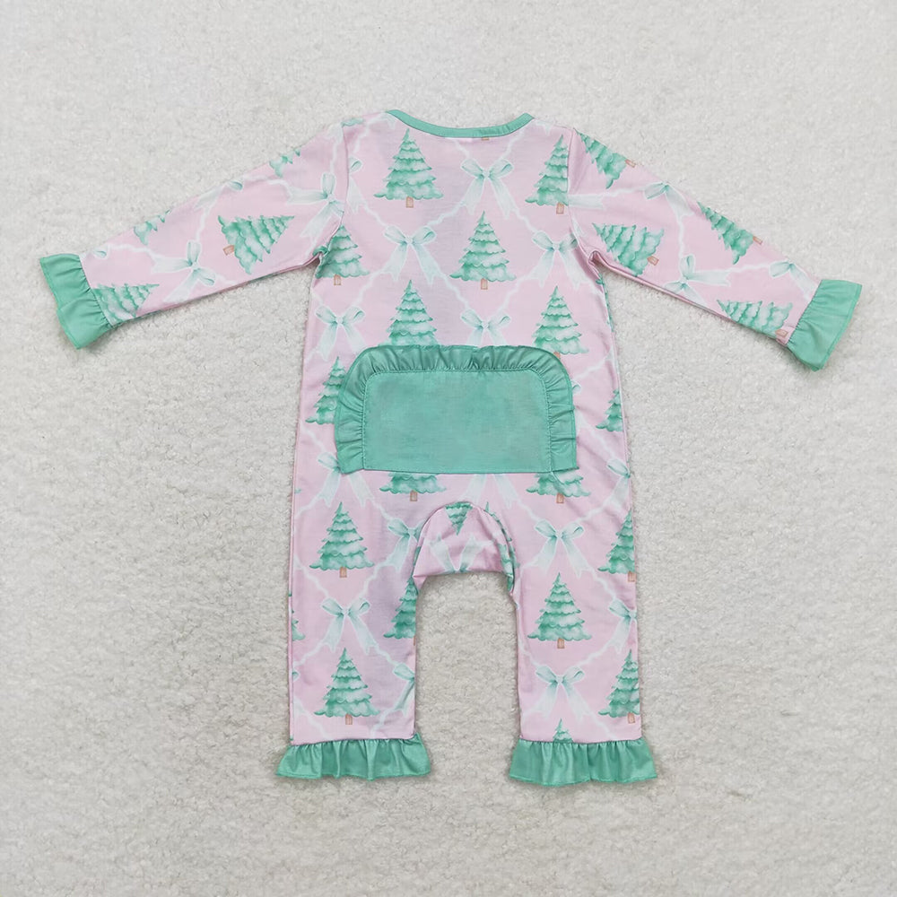 Baby Infant Girls Christmas Pink Bows Trees Zip Bamboo Rompers