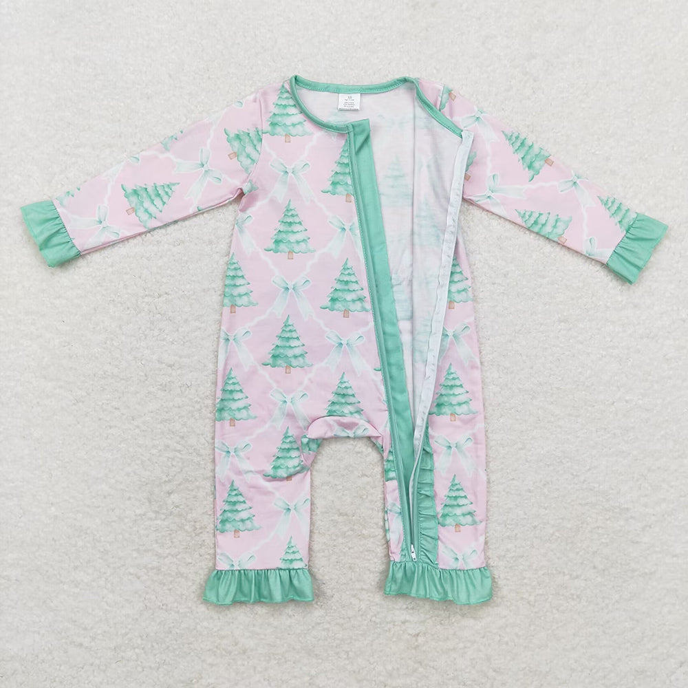 Baby Infant Girls Christmas Pink Bows Trees Zip Bamboo Rompers