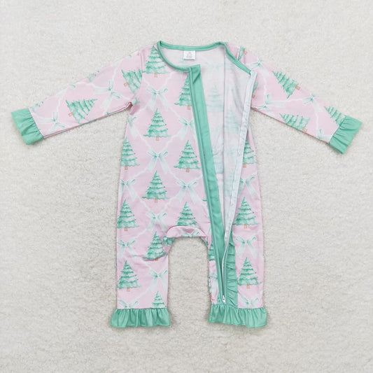 Baby Infant Girls Christmas Pink Bows Trees Zip Bamboo Rompers