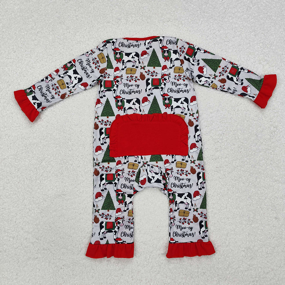 Baby Infant Girls Christmas Dogs Ruffle Long Sleeve Rompers