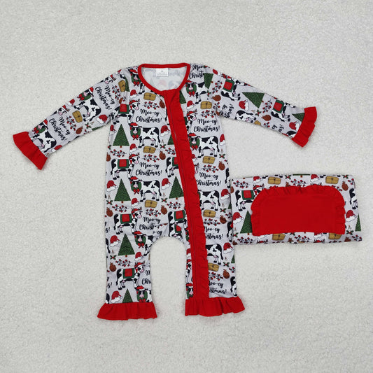Baby Infant Girls Christmas Cows Ruffle Zipper Footie Rompers