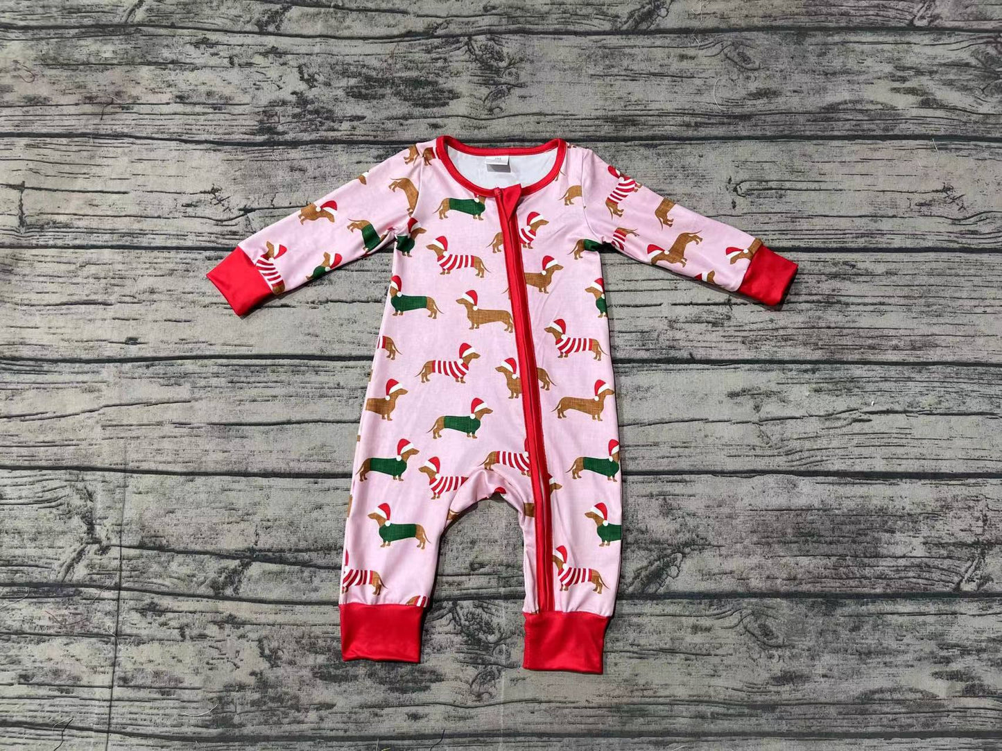 Baby Infant Girls Pink Christmas Dachshund Dogs Bamboo Zip Rompers