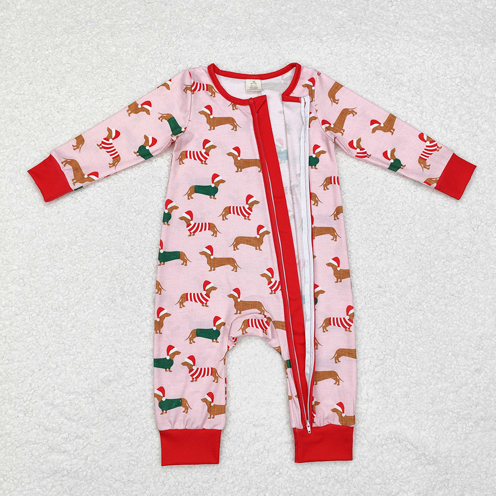 Baby Infant Girls Pink Christmas Dachshund Dogs Bamboo Zip Rompers