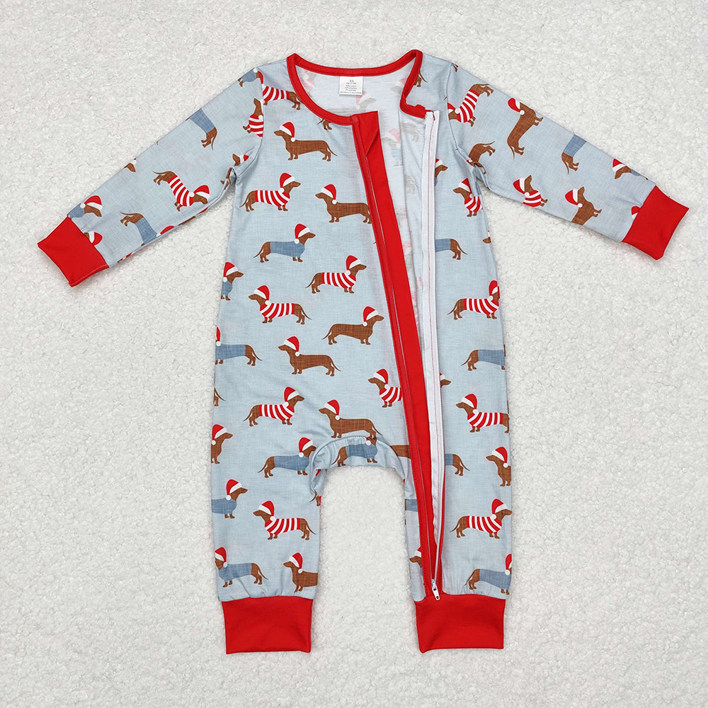 Baby Infant Boys Christmas Dachshund Dogs Bamboo Zip Rompers