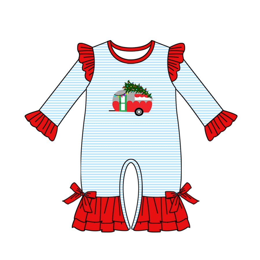 Baby Infant Girls Christmas Tree Blue Stripes Cars Long Sleeve Rompers preorder