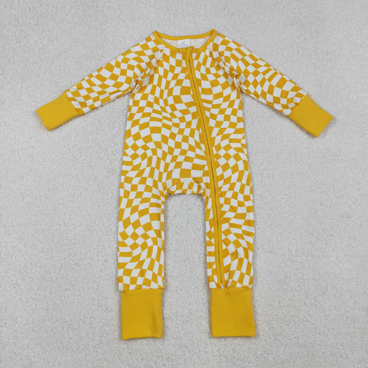 Baby Infant Boys Yellow Checkered Zip Footie Long Sleeve Rompers