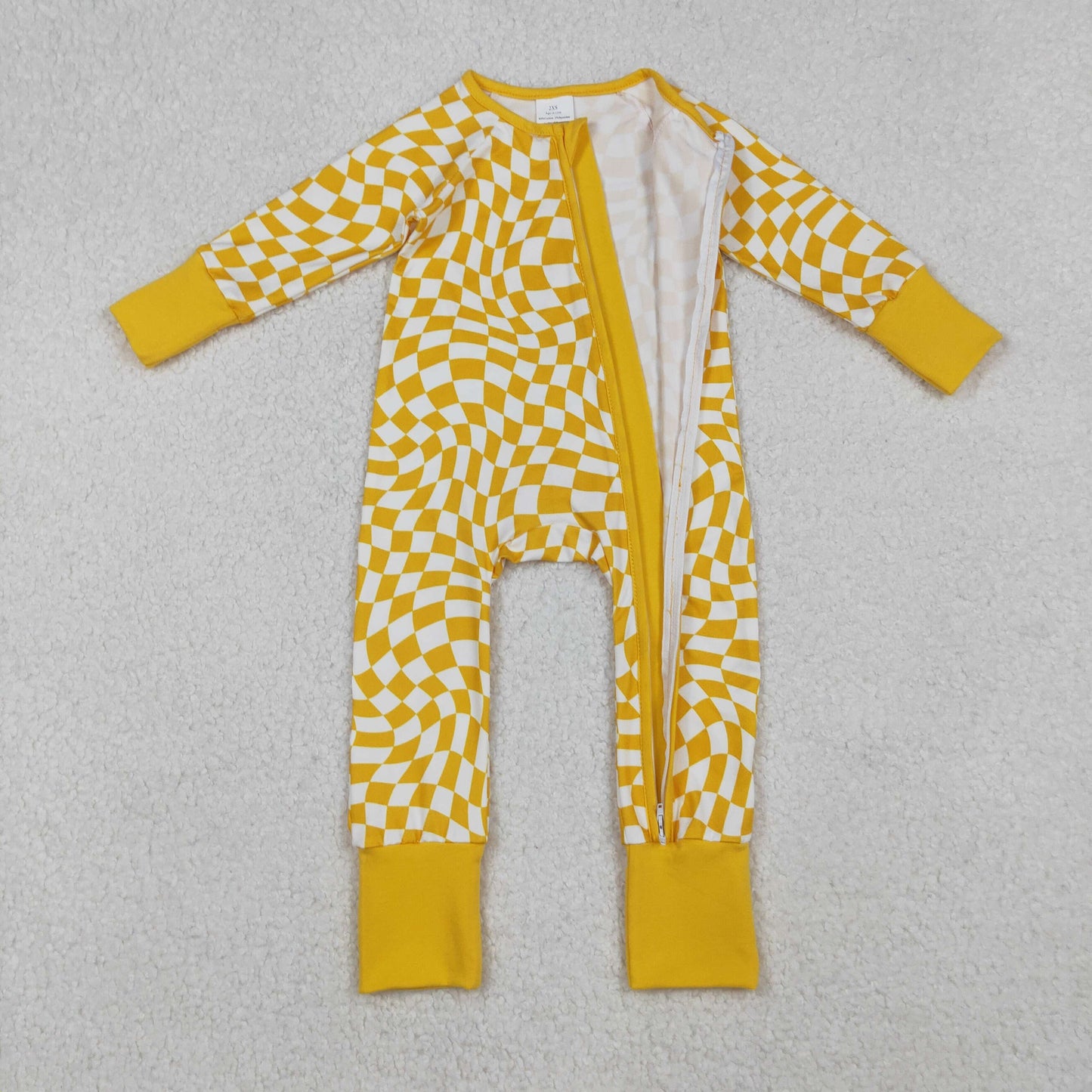 Baby Infant Boys Yellow Checkered Zip Footie Long Sleeve Rompers