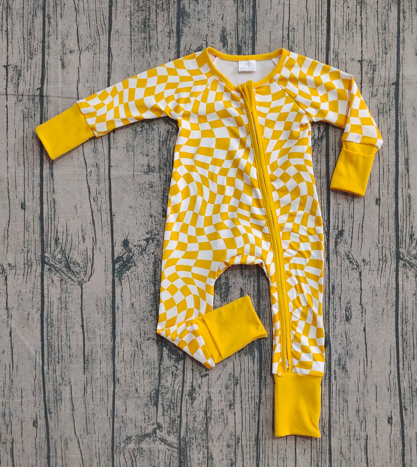 Baby Infant Boys Yellow Checkered Zip Footie Long Sleeve Rompers