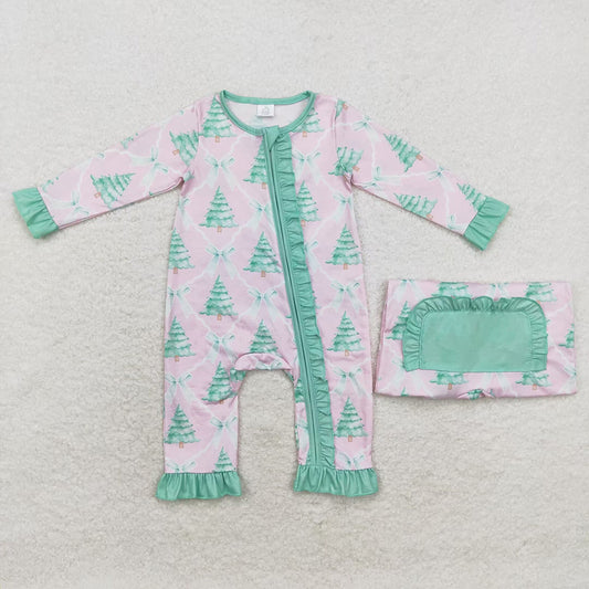 Baby Infant Girls Christmas Pink Bows Trees Zip Bamboo Rompers