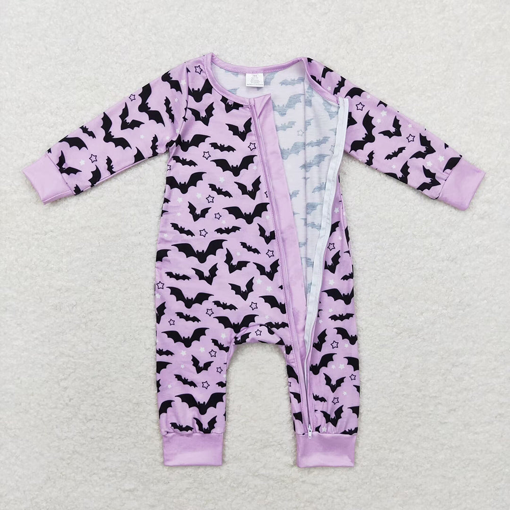 Baby Infant Girls Halloween Lavender Bats Zip Bamboo Sleepers Rompers