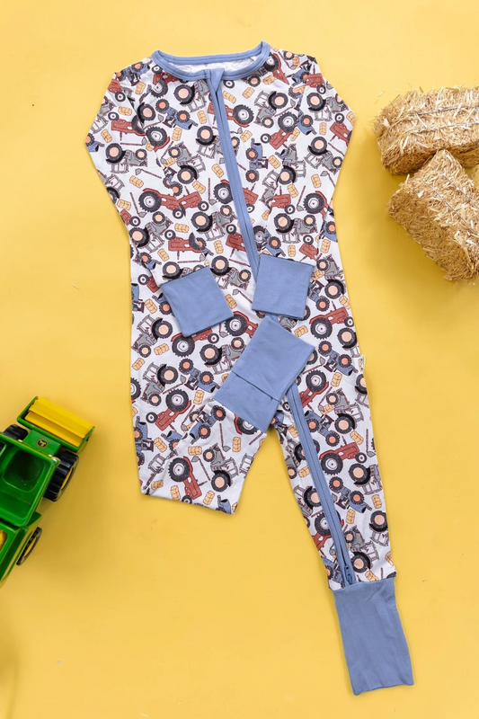 Baby Infant Boys Trucks Farm Blue Zip Rompers preorder