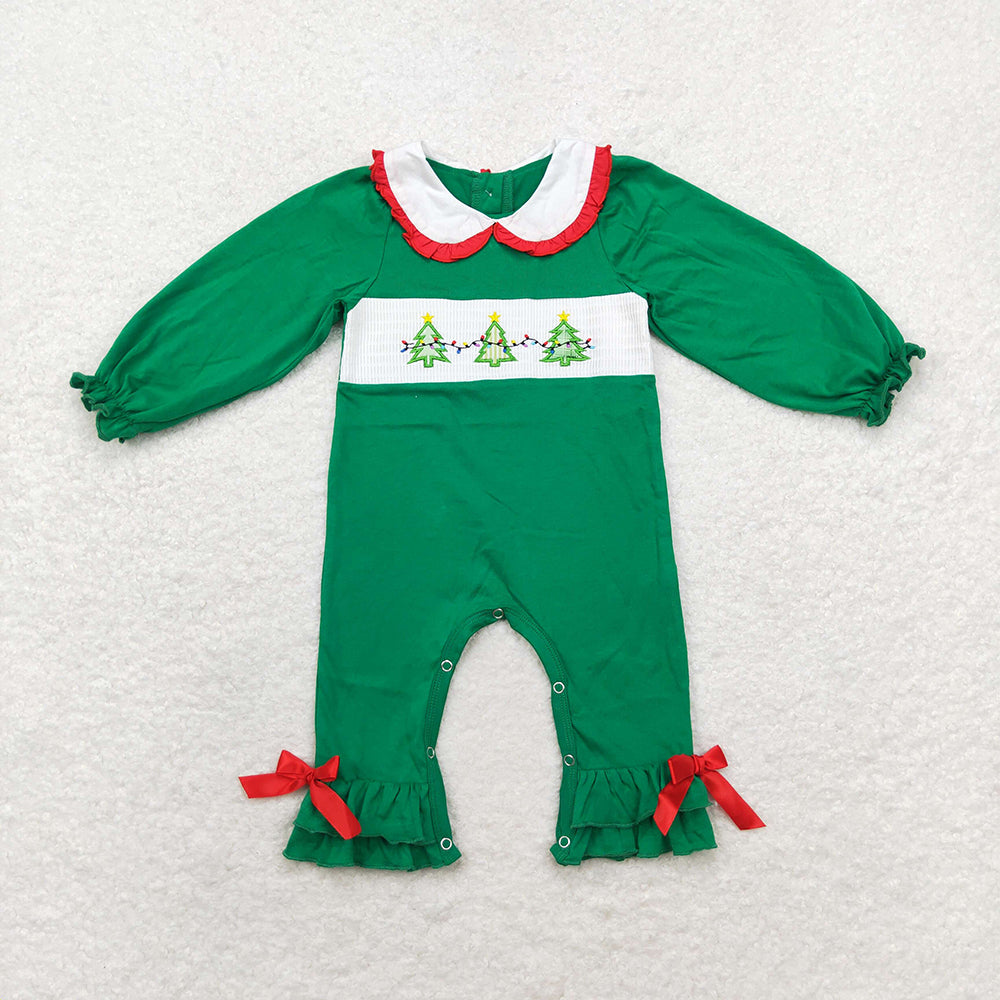 Baby Infant Girls Christmas Tree Green Smocked Rompers