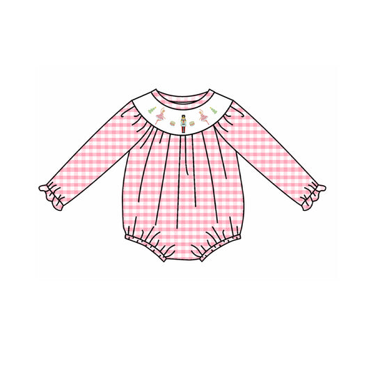 Baby Infant Girls Christmas Pink Checkered Nutcrack Long Sleeve Rompers preorder