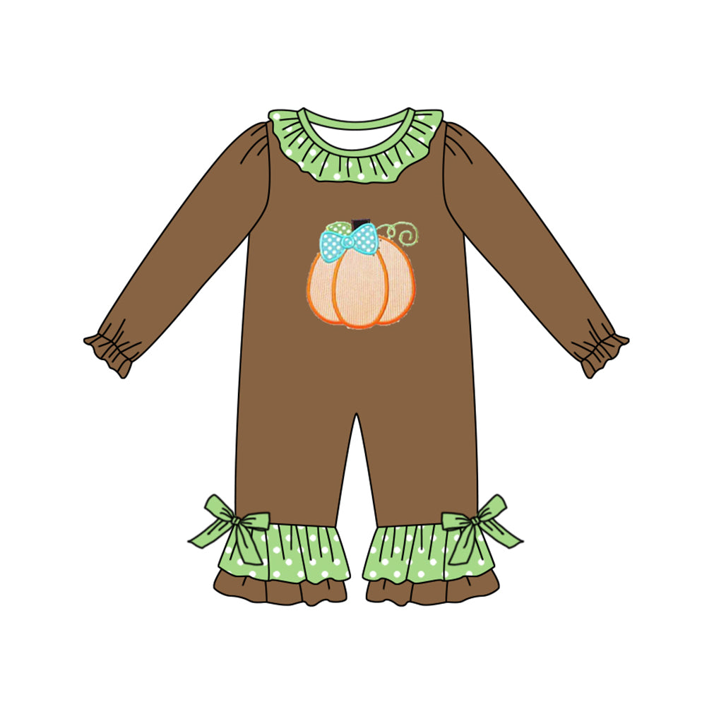 Baby Infant Girls Fall Brown Pumpkin Bows Rompers preorder