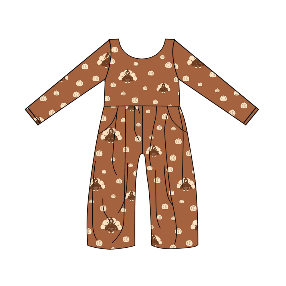 Baby Girls Thanksgiving Turkey Pumpkin Long Sleeve Pockets Jumpsuits Preorder