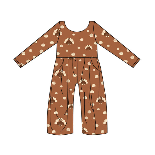 Baby Girls Thanksgiving Turkey Pumpkin Long Sleeve Pockets Jumpsuits Preorder