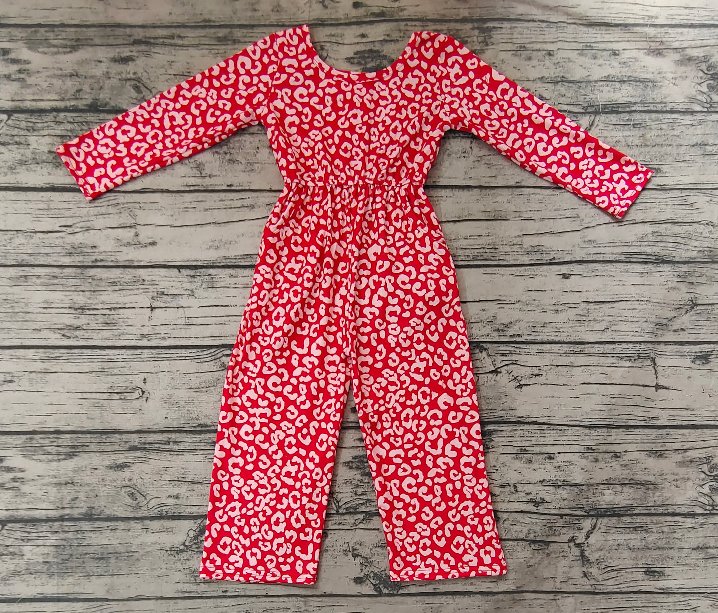 Baby Girls Red Leopard Long Sleeve Pockets Jumpsuits