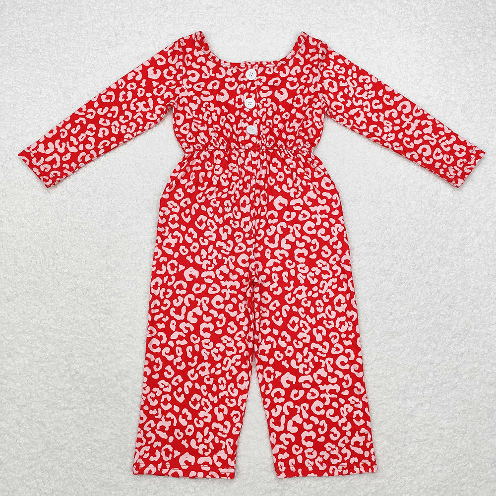 Baby Girls Red Leopard Long Sleeve Pockets Jumpsuits