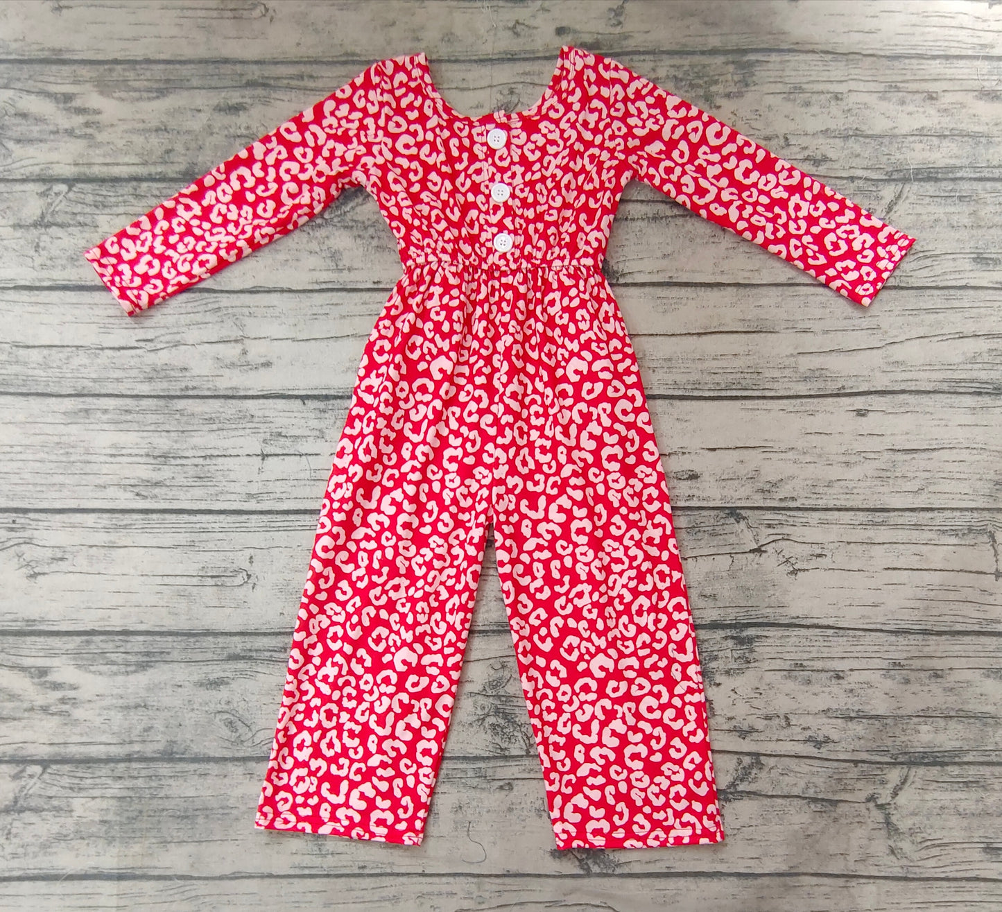 Baby Girls Red Leopard Long Sleeve Pockets Jumpsuits