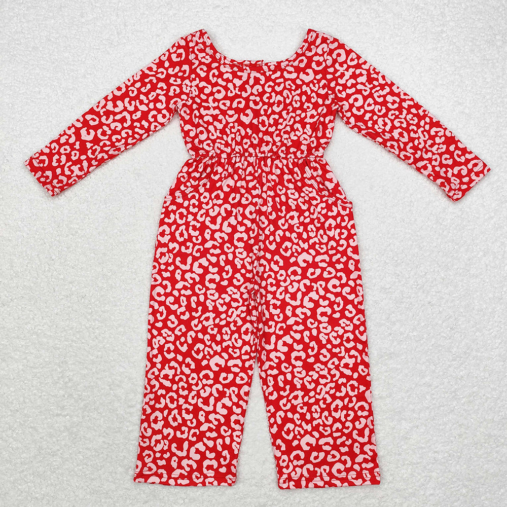 Baby Girls Red Leopard Long Sleeve Pockets Jumpsuits