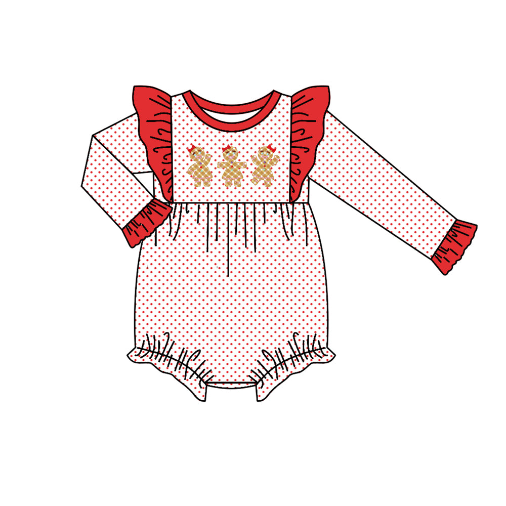 Baby Infant Girls Christmas Red Dots Gingerbread Long Sleeve Rompers preorder