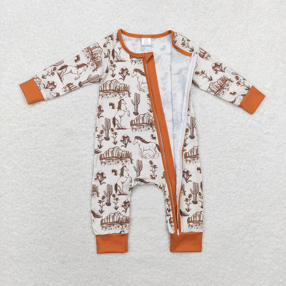 Baby Infant Boys Western Horse Cactus Zip Bamboo Rompers