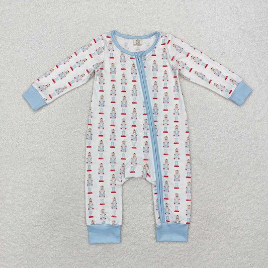 Baby Infant Boys Blue Christmas Soldier Zip Bamboo Rompers