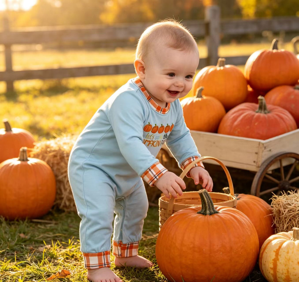 Baby Boys Long Sleeve Let's Go to The Pumpkin Patch Fall Pant Rompers