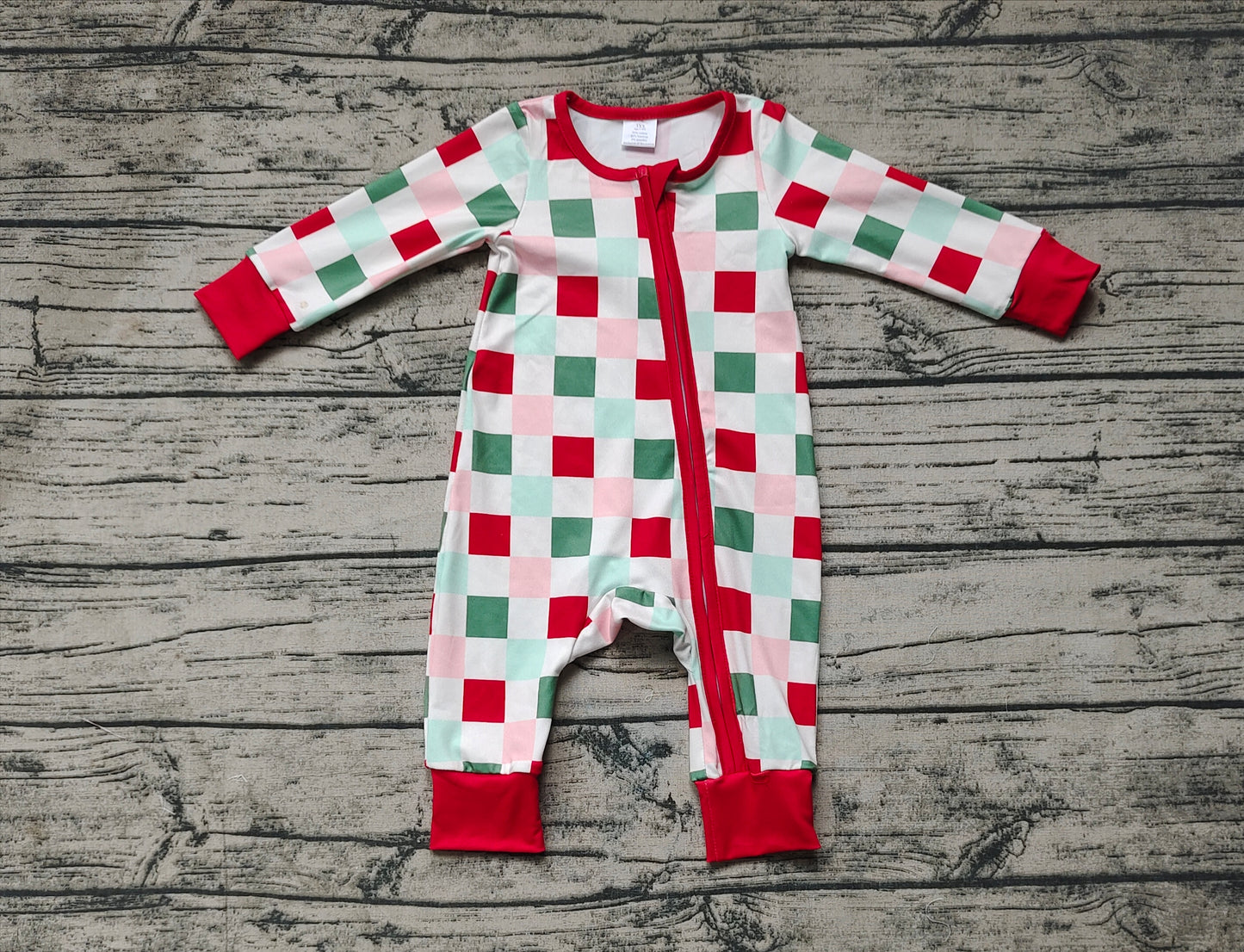 Baby Infant Christmas Redheckered Zip Bamboo Rompers