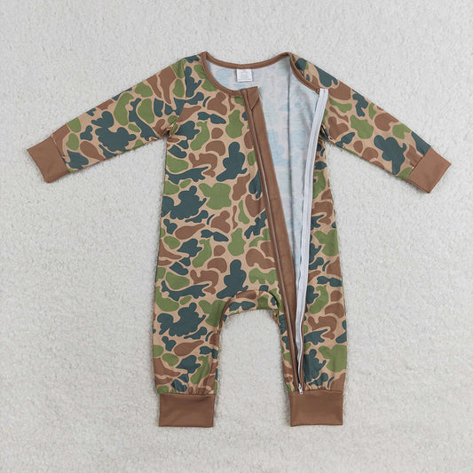 Baby Infant Boys Fall Green Camo Zip Bamboo Rompers