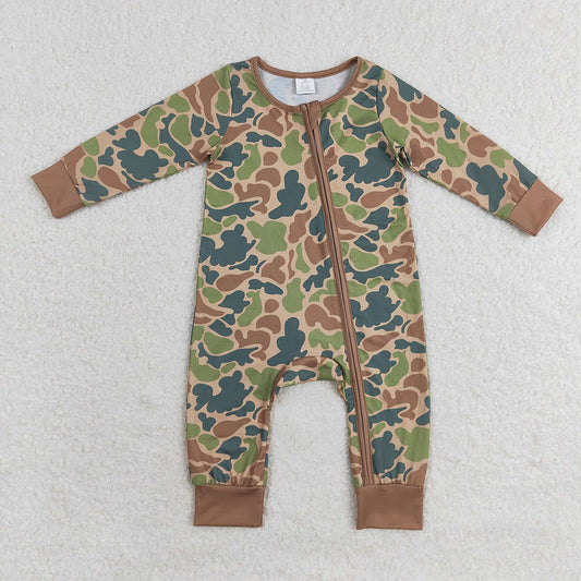 Baby Infant Boys Fall Green Camo Zip Bamboo Rompers