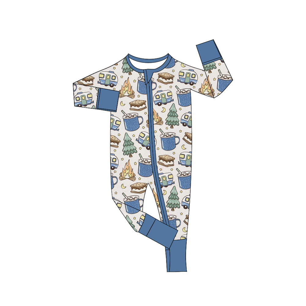 Baby Boys Camp Tree Blue Zip Long Sleeve Rompers preorder