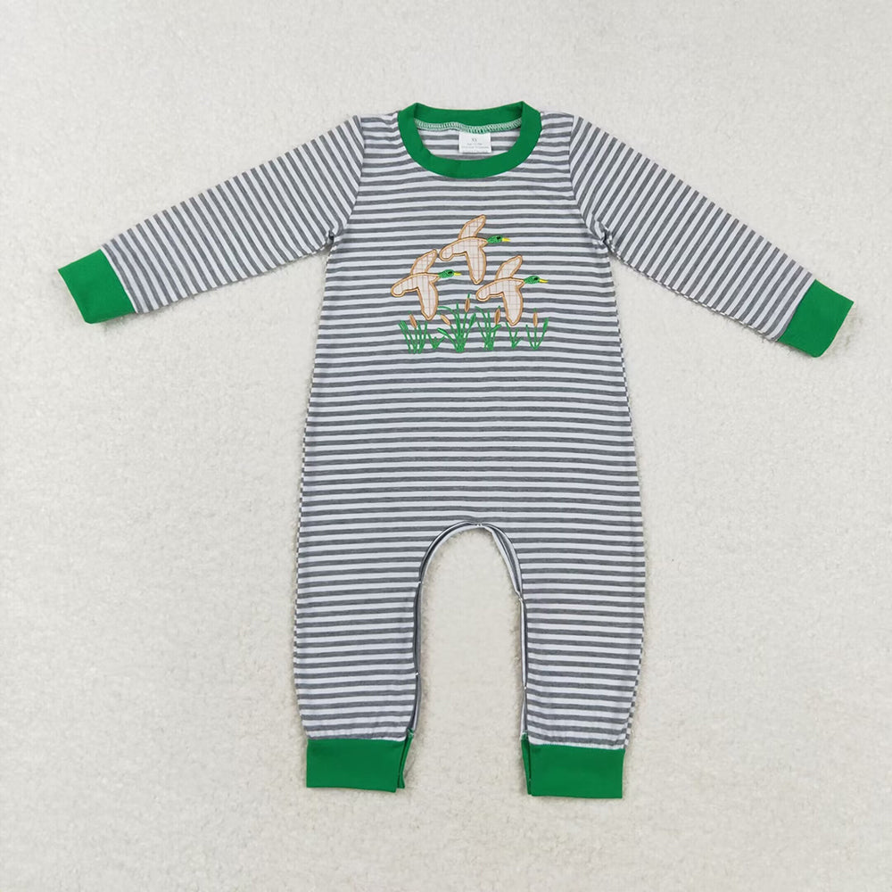 Baby Boys Blue Stripes Mallard Ducks Long Sleeve Rompers