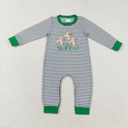 Baby Boys Blue Stripes Mallard Ducks Long Sleeve Rompers