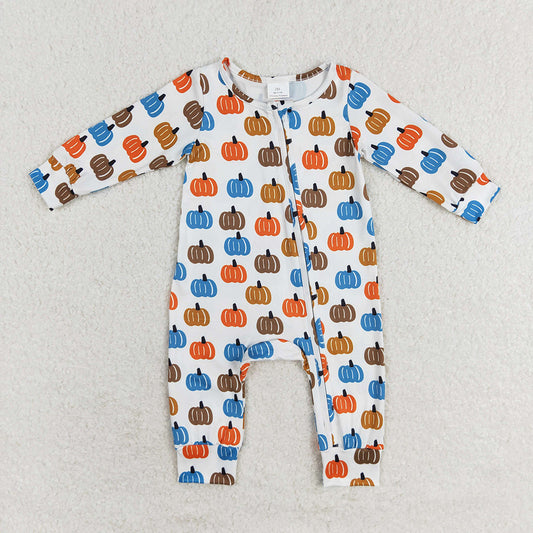 Baby Boys Blue Orange Pumpkin Long Sleeve Zip Rompers