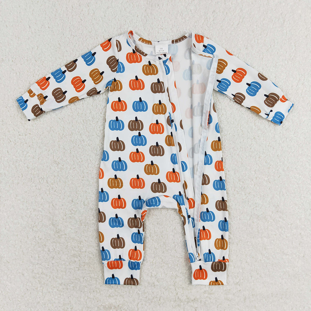 Baby Boys Blue Orange Pumpkin Long Sleeve Zip Rompers