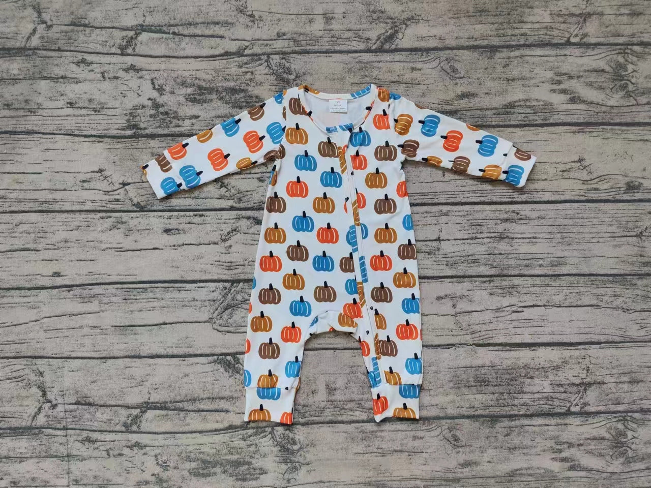 Baby Boys Blue Orange Pumpkin Long Sleeve Zip Rompers