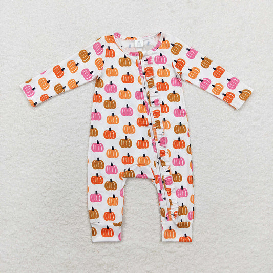 Baby Girls Pink Orange Pumpkin Long Sleeve Bamboo Zip Rompers