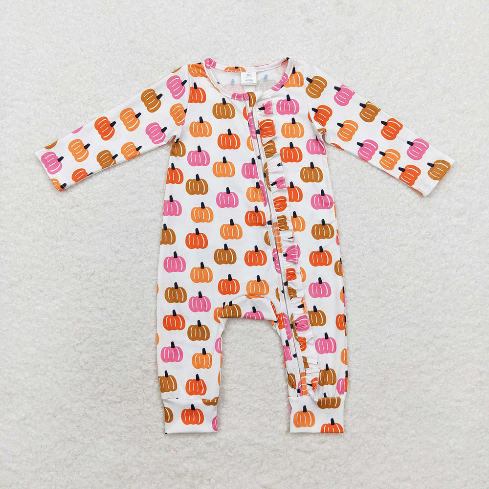 Baby Girls Boys Sibling Fall Pumpkin Long Sleeve Zip Rompers