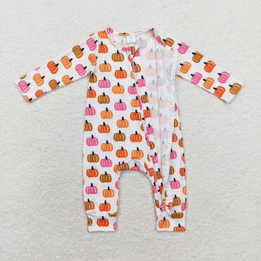 Baby Girls Pink Orange Pumpkin Long Sleeve Bamboo Zip Rompers