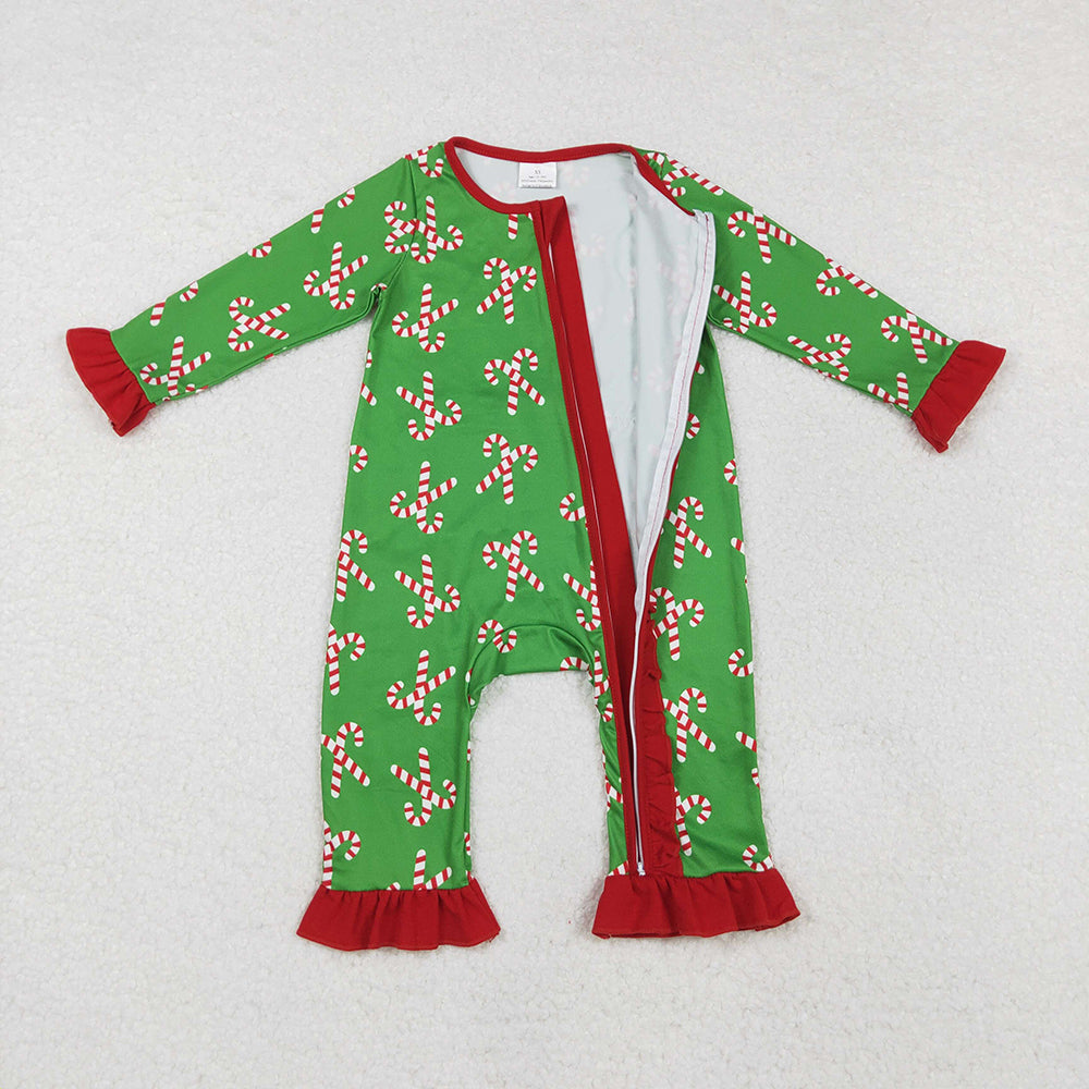 Baby Infant Girls Christmas Candy Cane Long Sleeve Zip Rompers