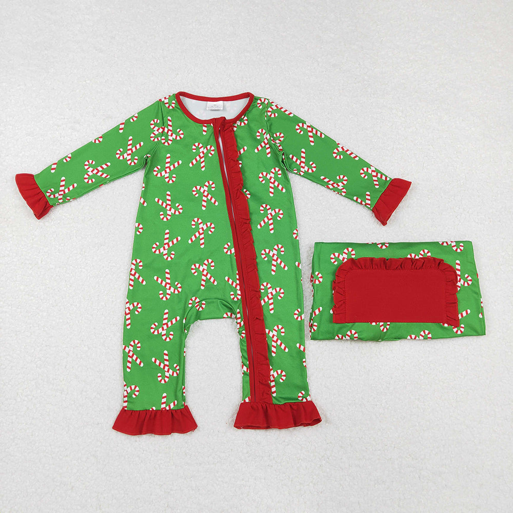 Baby Infant Girls Christmas Candy Cane Long Sleeve Zip Rompers