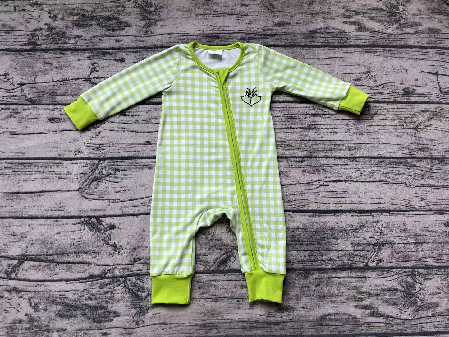 Baby Infant Boys Christmas Green Face Smile Zip Bamboo Rompers